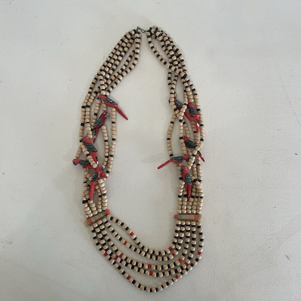 Hand Made Wood Bead Hand Painted Bird Long Statement Necklace
